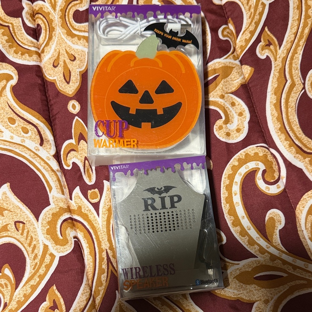 Orange Pumpkin Cup Warmer and Silver RIP Wireless Speaker Set